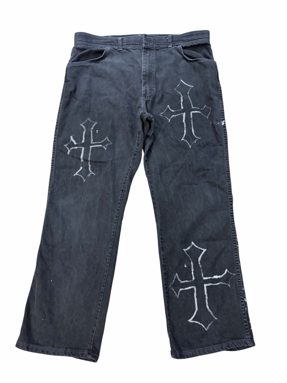 VTG Wrangler Denim Jeans Mens 40x30 (38x30) Cross Gothic Emo Splatter USA Made